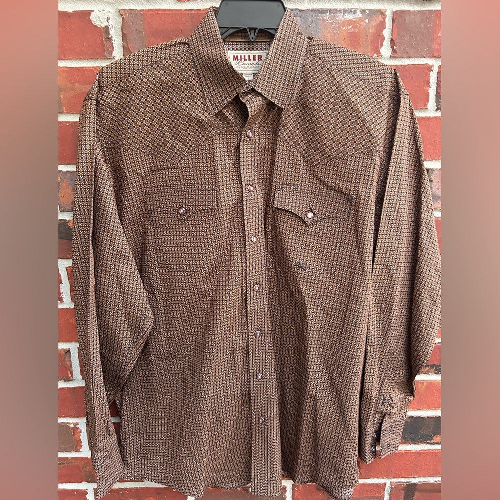 Miller Ranch Denver Co Geometric Brown Long Sleeve Pearl Snap Western L Shirt E6